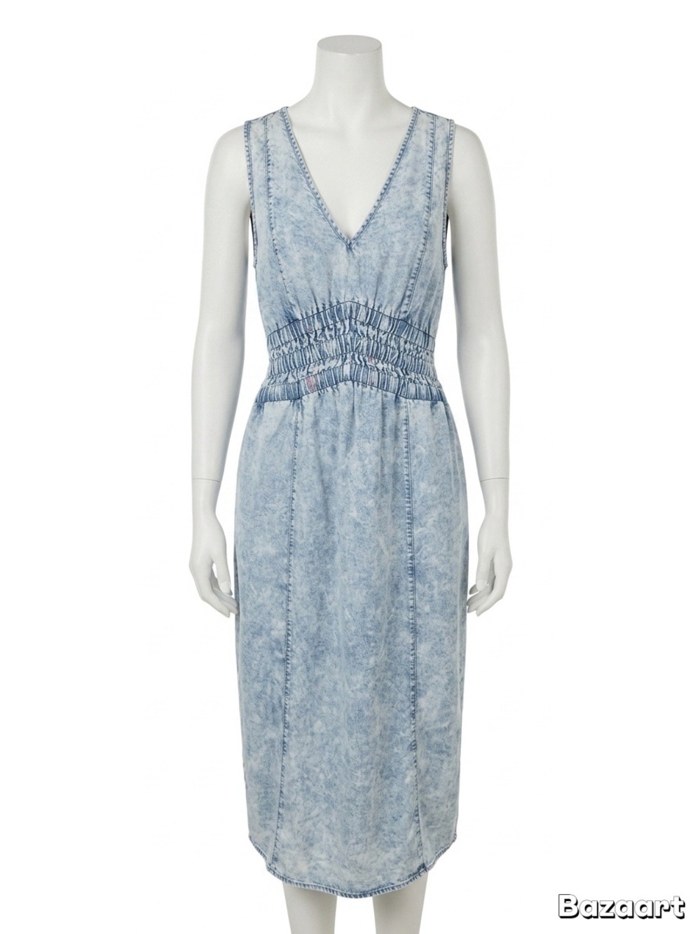Central Park West Pale Blue V-Neck Smocked-Waist Midi Dress - Picture 3 of 8